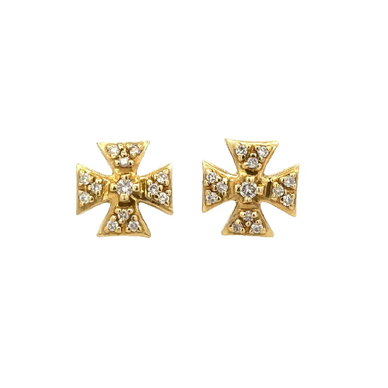 Ladies minimalist gold earrings-Diamond Accented Cross Stud Earrings in Yellow Gold