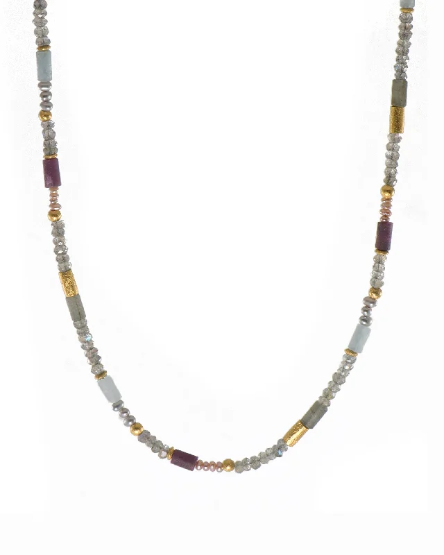 Ladies crystal necklaces-Labradorite, Ruby and Natural Pearl 3mm Necklace 24K Fair Trade Gold Vermeil