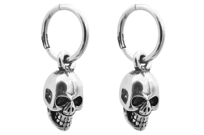 Ladies textured earrings-Mens Stainless Steel Skull Drop Earrings