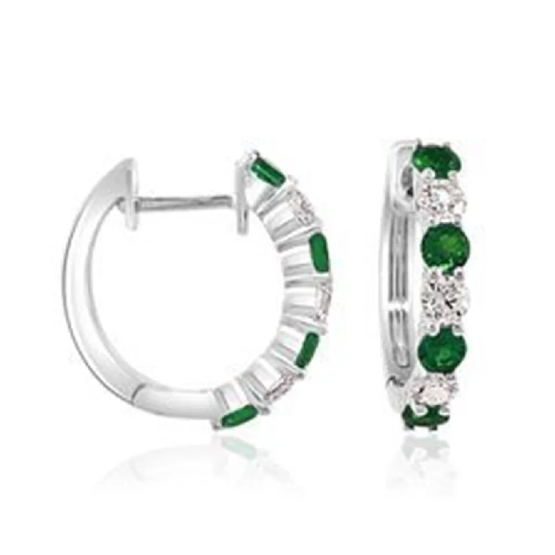 Ladies silver and diamond earrings-14K White Gold 0.79tw Emerald & Diamond Huggie Hoop Earrings