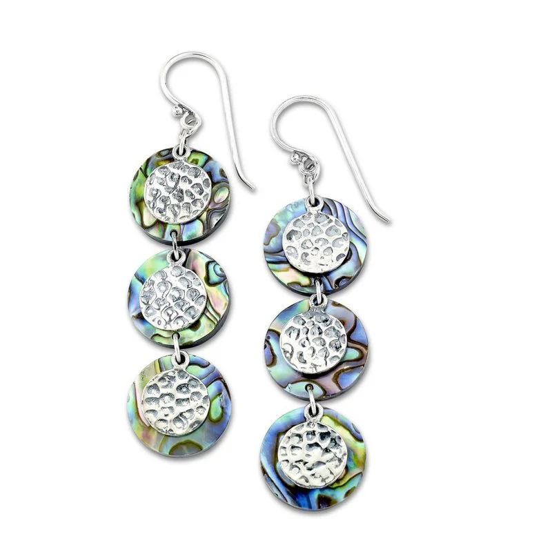 Ladies teardrop earrings-Sterling Silver Round Abalone & Hammered Disc Drop Earrings by Samuel B.