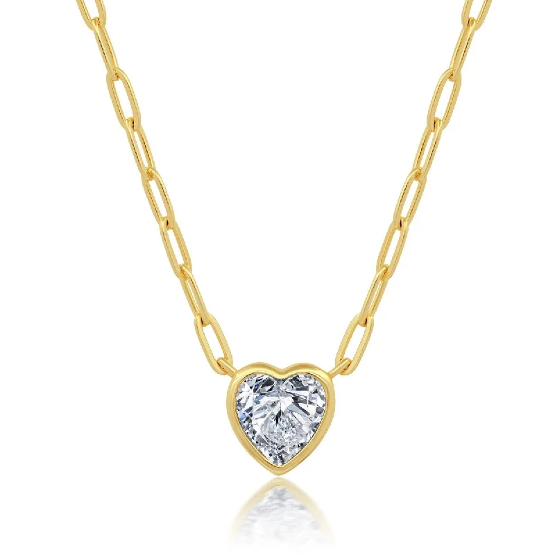 Ladies woven necklaces-Crislu 18KT Yellow Gold Plated Sterling Silver Cubic Zirconia 18-inch Heart Paperclip Chain Necklace