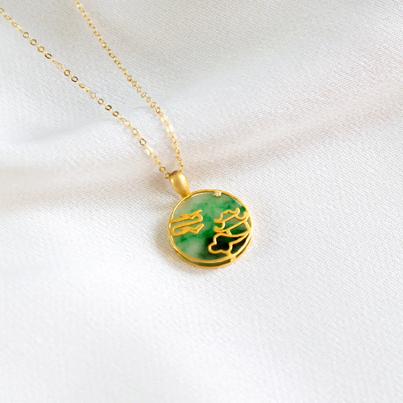 Ladies statement gemstone necklaces-Clouds in the Moon Pavilion Jade 18k Gold Pendant with Chain