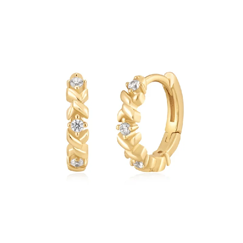 Ladies crystal earrings-Gold Plated Cubic Zirconia Twist Huggie Hoop Earrings by Ania Haie