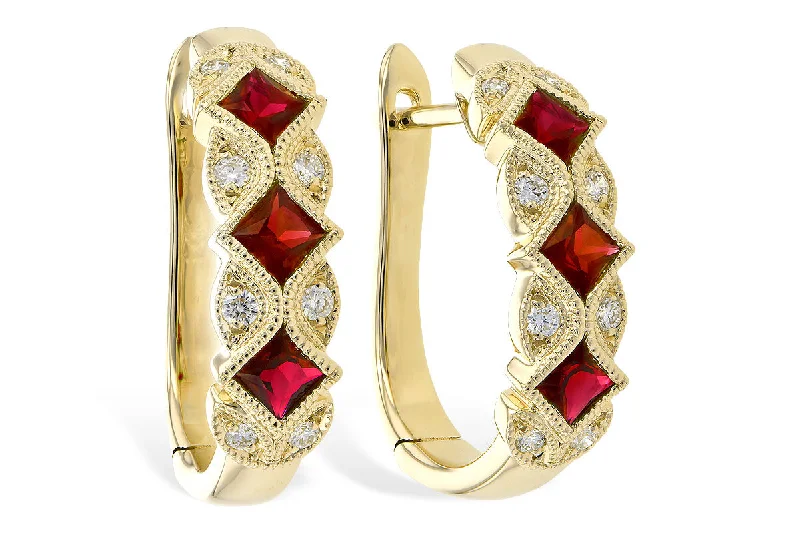 Ladies delicate stud earrings-14K Yellow Gold 0.87ctw Princess Cut Ruby & Diamond Hoop Earrings by Allison Kaufman