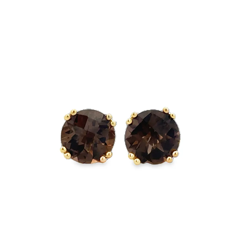 Ladies teardrop earrings-Smoky Quartz Stud Earrings in Yellow Gold