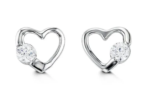 Ladies statement chandelier earrings-14K White Gold Cubic Zirconia Open Heart Kid's Stud Earrings