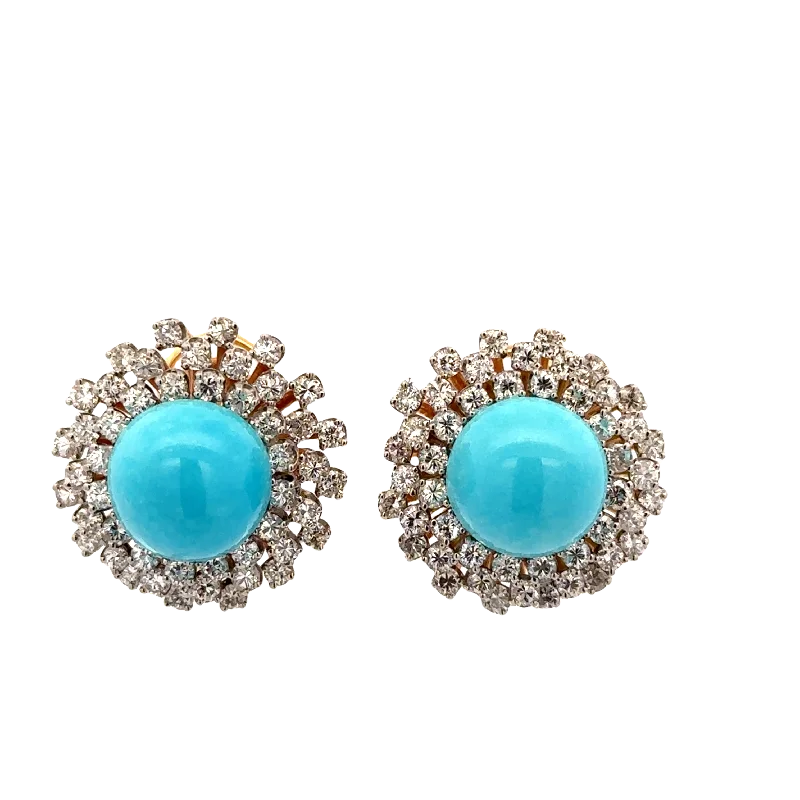 Ladies diamond drop earrings-Vintage 1960s Yellow Gold and Palladium Turquoise and Diamond Clip-on Earrings