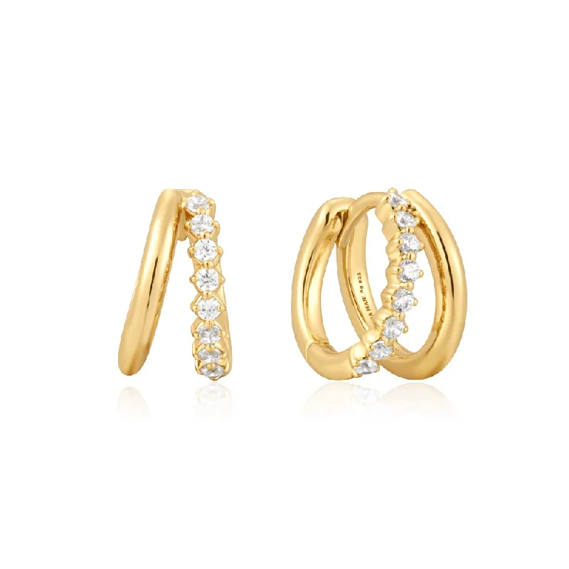 Ladies stud earrings-Gold Plated Cubic Zirconia Double Huggie Hoop Earrings by Ania Haie