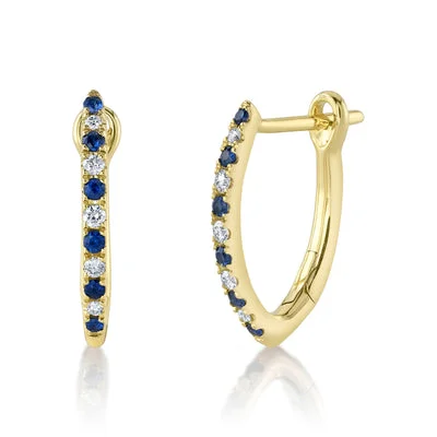 Ladies ethnic earrings-14K Yellow Gold 0.23ctw Blue Sapphire & Diamond Pointed Hoop Earrings by Shy Creation