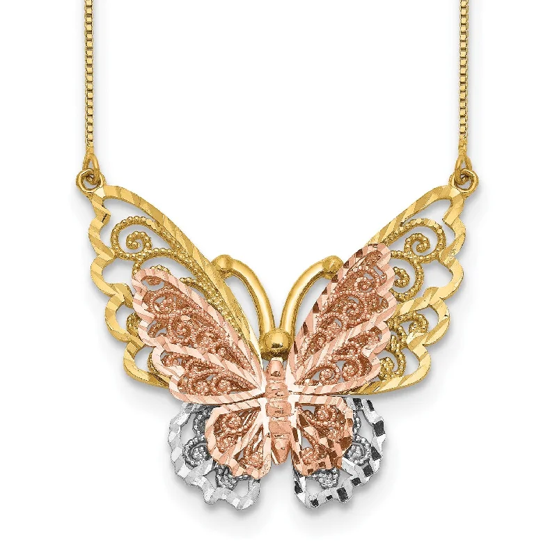 Ladies luxury necklaces-14KT Yellow and Rose Gold 18-inch Diamond-cut Butterfly Necklace