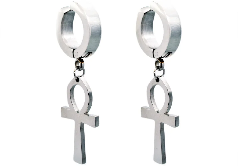 Ladies gold-plated earrings-Mens Stainless Steel Clip On Ankh Cross Earrings