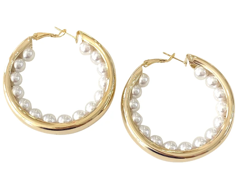 Ladies drop earrings-Pearl Inside Hoop