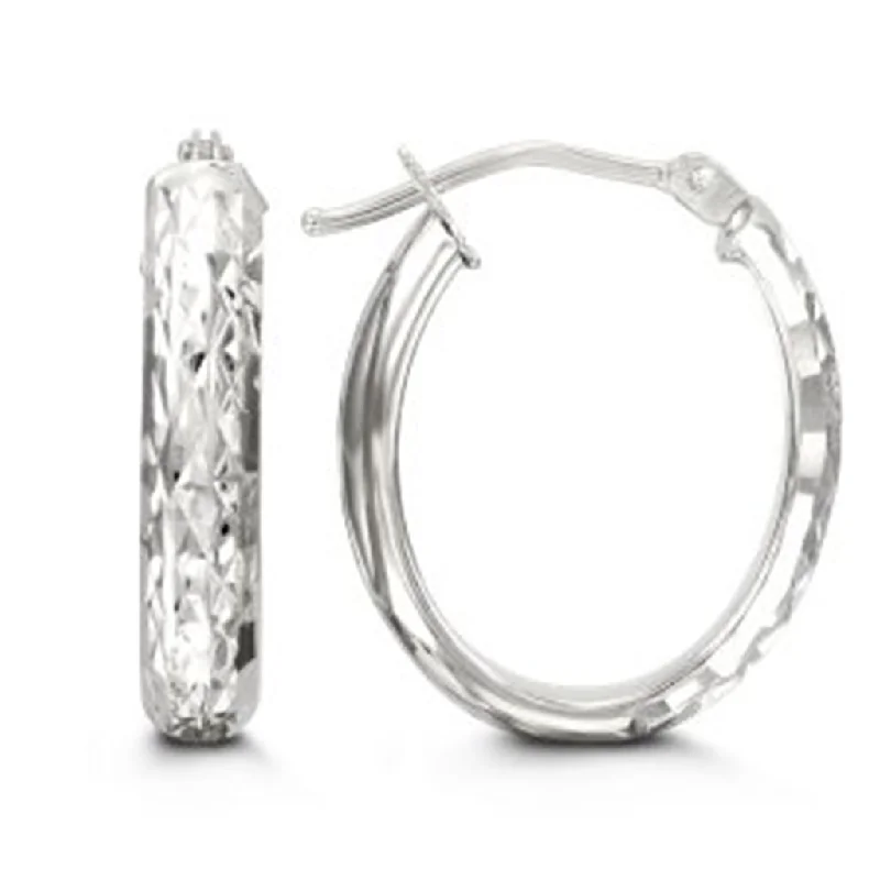 Ladies luxury earrings-10K White Gold Diamond Cut Oval Hoop Earrings