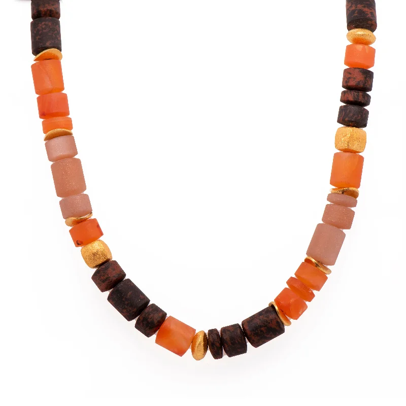 Ladies anniversary necklaces-Carnelian, Peach Moonstone and Magahoni Obsidian 8mm Necklace 24K Fair Trade Gold Vermeil