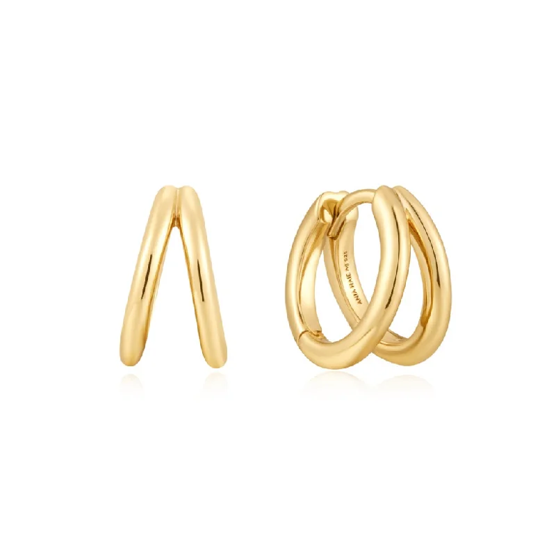 Ladies drop earrings with diamonds-Gold Plated Double Huggie Hoop Earrings by Ania Haie