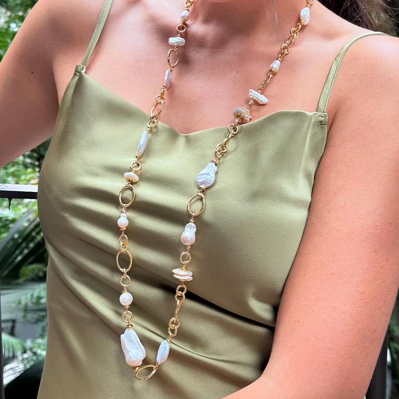 Ladies twisted gold necklaces-Velatti Deluxe Long Links Necklace with Freshwater & Baroque Pearls