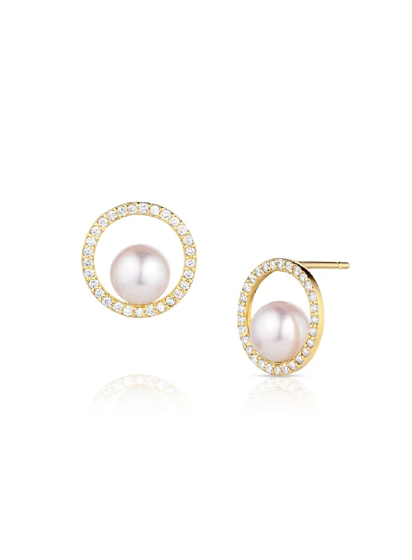 Ladies vintage earrings-18K Yellow Gold 6-6.5mm Cultured Akoya Pearl & Diamond Open Circle Stud Earrings