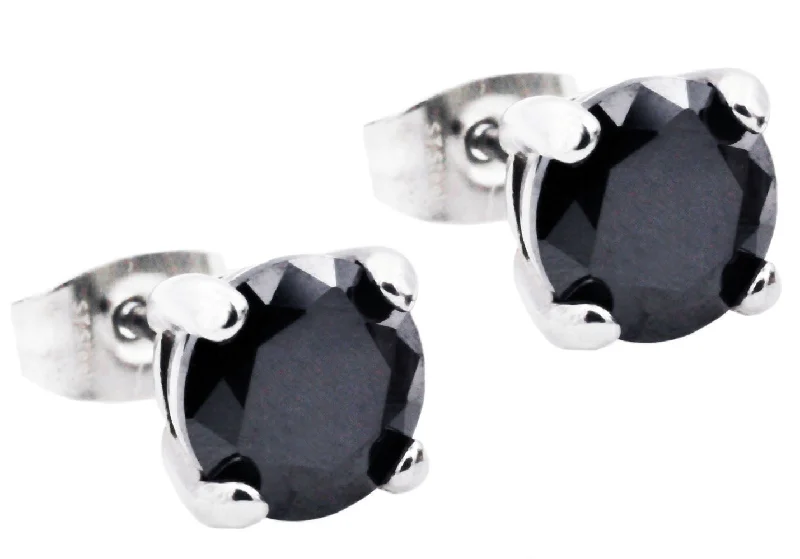 Ladies classic earrings-Mens 7mm Stainless Steel Earrings With Black Cubic Zirconia