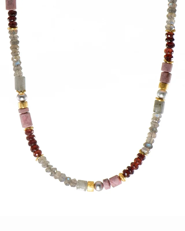 Ladies chunky necklaces-Labradorite, Garnet, Rhodonite and Grey Pearl 5mm Jewelry Set 24K Fair Trade Gold Vermeil