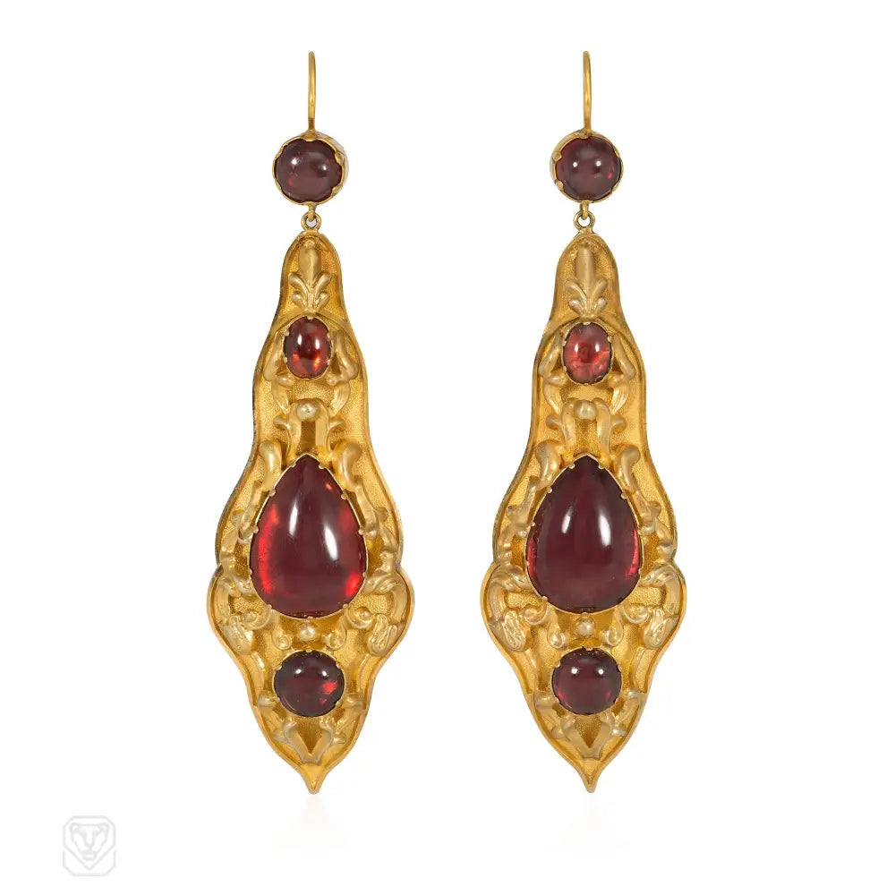 Ladies simple hoop earrings-Antique gold and garnet repoussé  pendant earrings