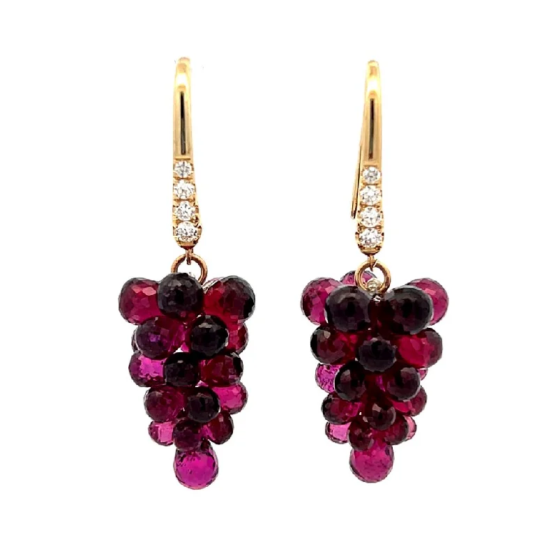 Ladies round earrings-14K Yellow Gold Diamond & Rhodolite Garnet Grape Cluster Drop Earrings