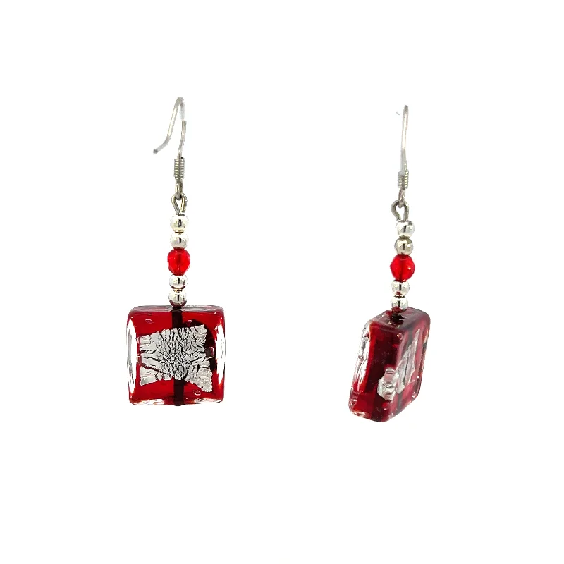 Ladies minimalist gold earrings-Estate Silver Wire Red and Silver Glass Drop Earrings