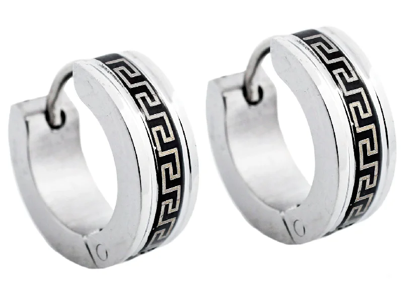 Ladies hoop earrings with diamonds-Mens 14mm Black And Stainless Steel Greek Key Hoop Earrings