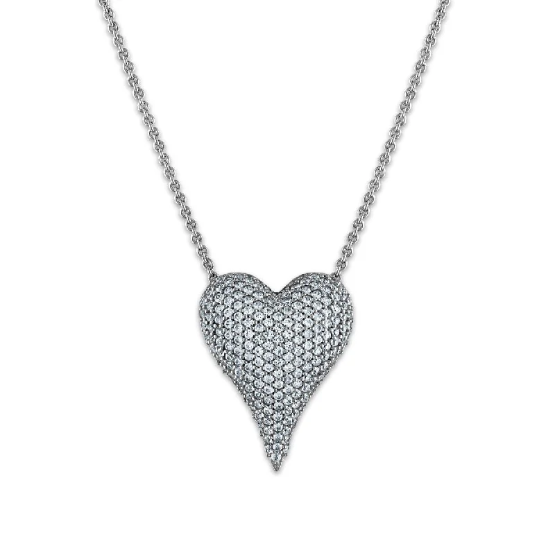 Ladies long gold necklaces-Round Sapphire and White Sapphire Heart 18-inch Necklace in Rhodium Plated Sterling Silver