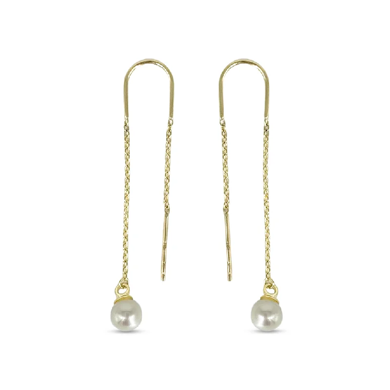 Ladies feather earrings-10K Yellow Gold Freshwater Pearl Drop Threader Earrings