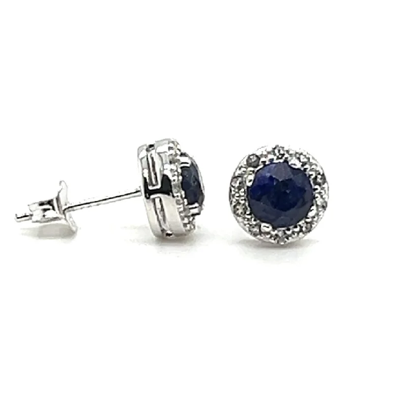 Ladies gemstone drop earrings-Sterling Silver Dyed Blue Sapphire & White Topaz Halo Stud Earrings by Samuel B.