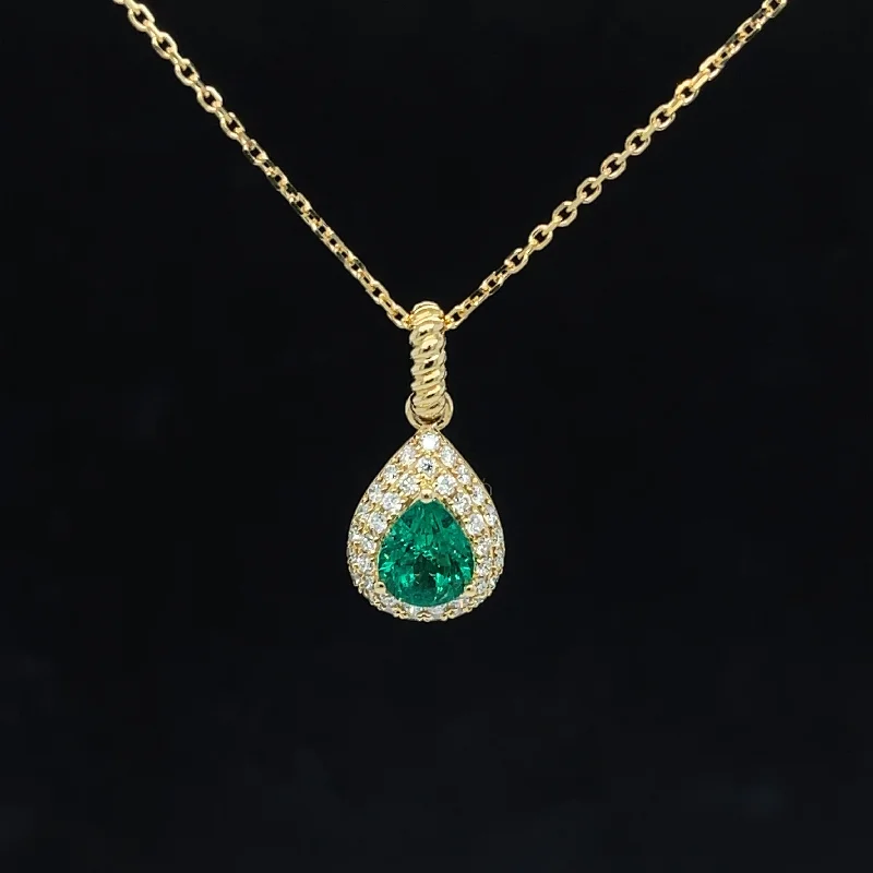 Ladies pearl necklaces-Emerald & Diamond Pear Double Halo Cluster Necklace in 18k Yellow Gold - #579 - NLEME009366