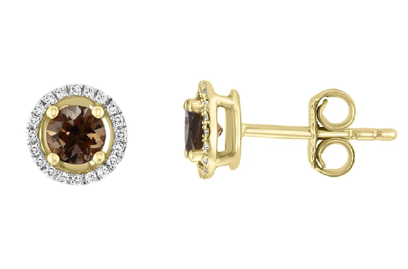 Ladies clip-on diamond earrings-14K Yellow Gold 0.70ctw Smoky Quartz & Diamond Halo Stud Earrings