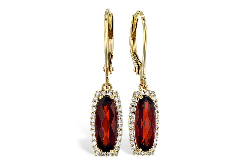 Ladies diamond stud earrings-14K Yellow Gold 2.25ctw Garnet & Diamond Halo Drop Earrings by Allison Kaufman