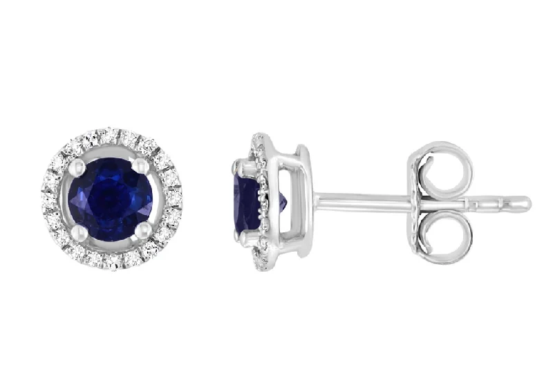 Ladies flower-shaped earrings-14K White Gold 0.78ctw Round Blue Sapphire & Diamond Halo Stud Earrings