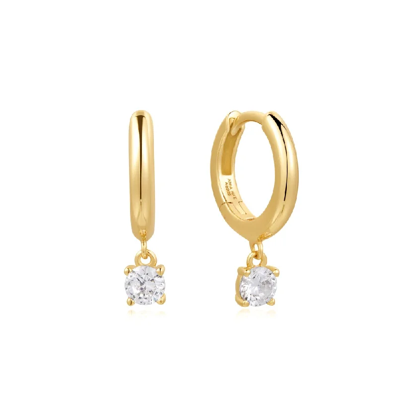 Ladies gemstone earrings-Gold Plated Cubic Zirconia Drop Huggie Hoop Earrings by Ania Haie