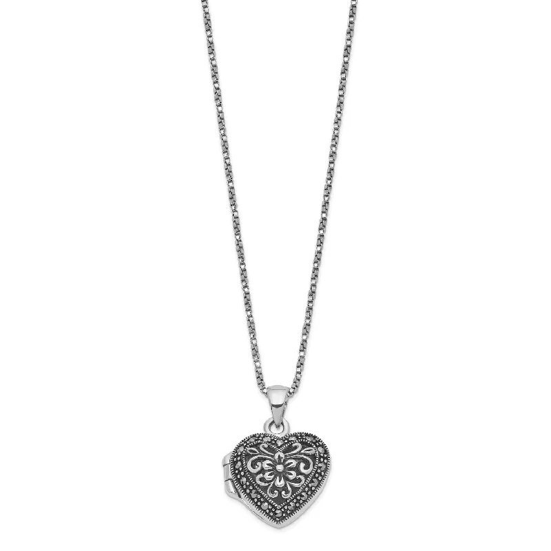 Ladies simple necklaces-Sterling Silver Marcasite 18-inch 19MM Heart Locket Necklace