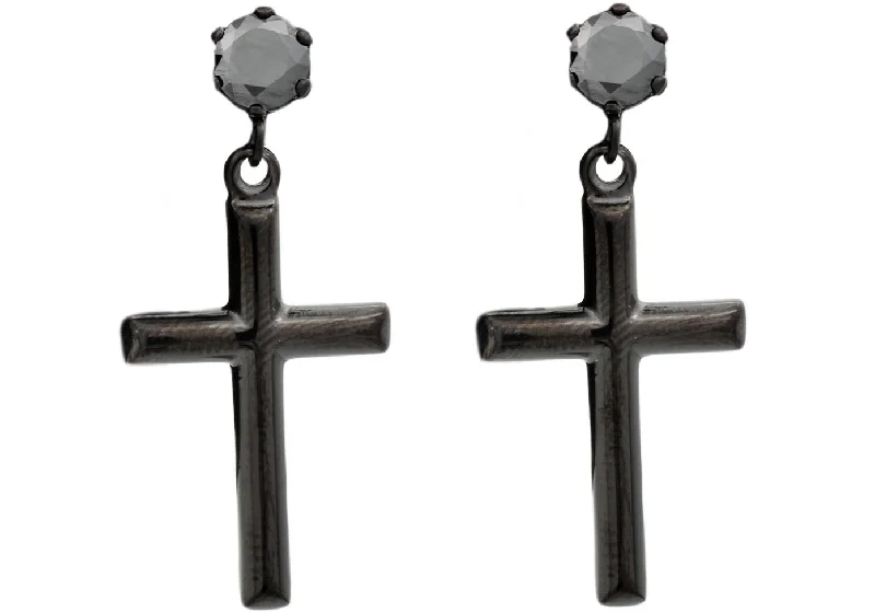 Ladies emerald earrings-Mens Black Stainless Steel Cross Earrings Studs With Black Cubic Zirconia