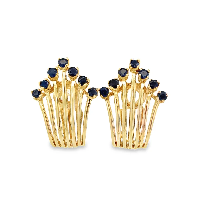 Ladies bridal earrings-Vintage Sapphire Spray Earrings in Yellow Gold