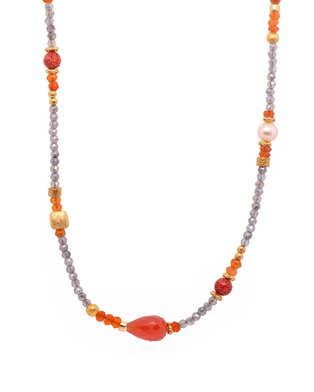 Ladies pearl and diamond necklaces-Carnelian, Pearls, and Garnet Necklace 24K Fair Trade Gold Vermeil