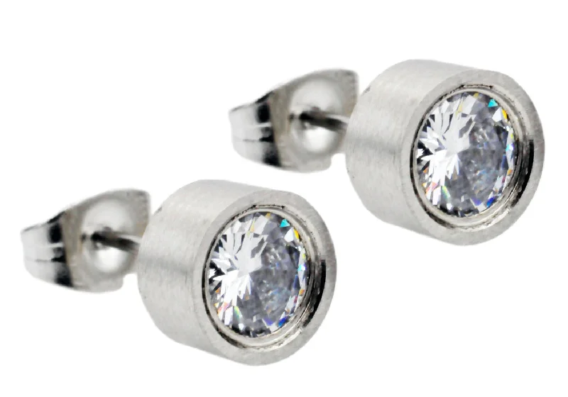 Ladies handmade earrings-Mens 6mm Stainless Steel Stud Earrings With Cubic Zirconia