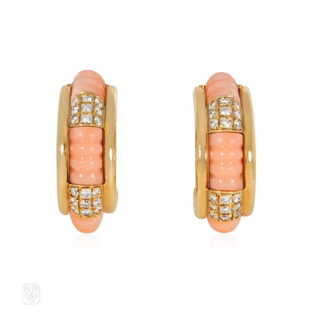 Ladies gold earrings-Boucheron, Paris interchangeable diamond, wood, and coral hoop earrings