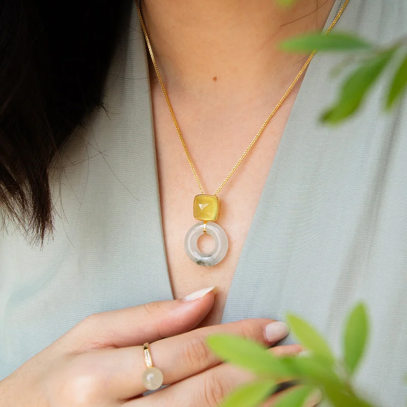 Ladies lockets-Sugarloaf Lemon Quartz & Jade Donut Pendant