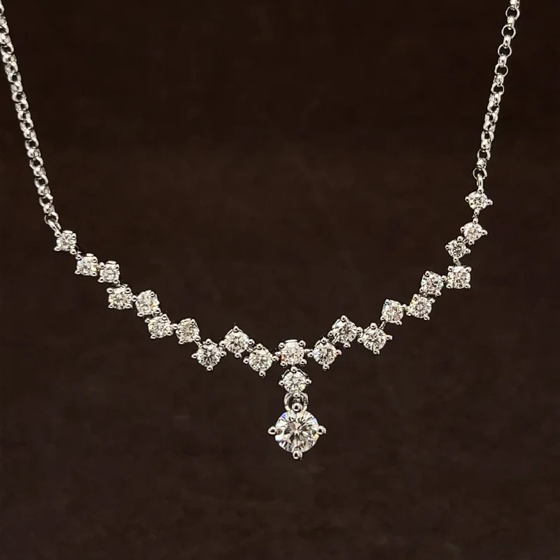 Ladies heart-shaped necklaces-Diamond Drizzle Chevron Necklace in 18k White Gold - #480 - NLDIA068800