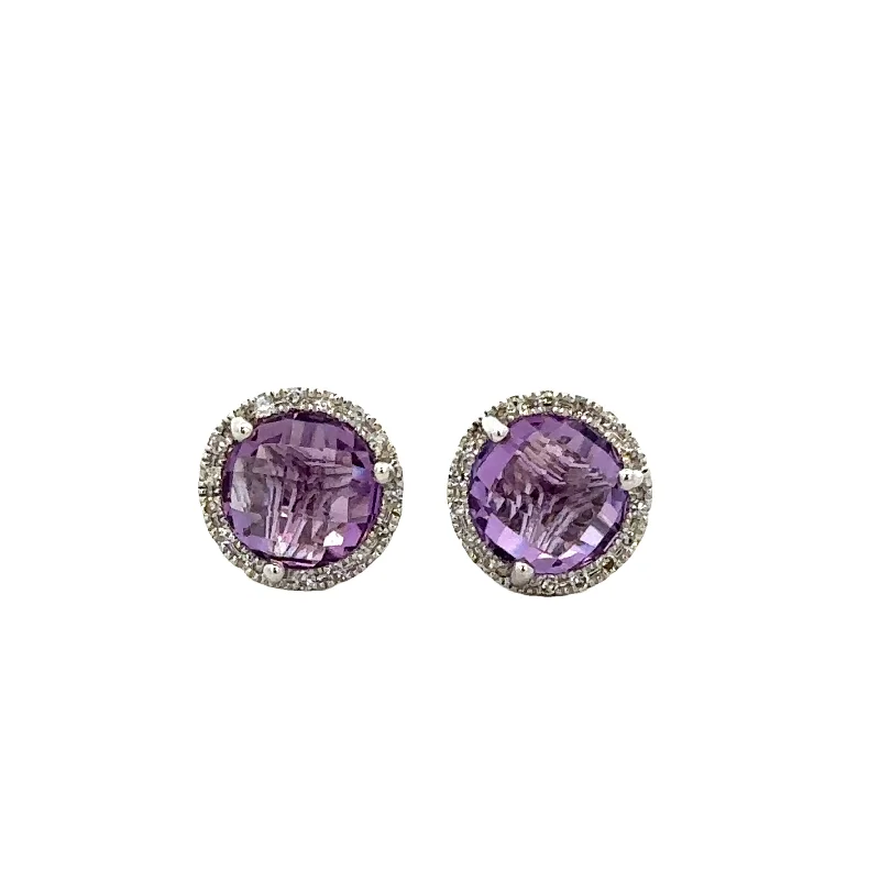 Ladies multi-drop earrings-Checkerboard Cut Amethyst and Diamond Stud Earrings in