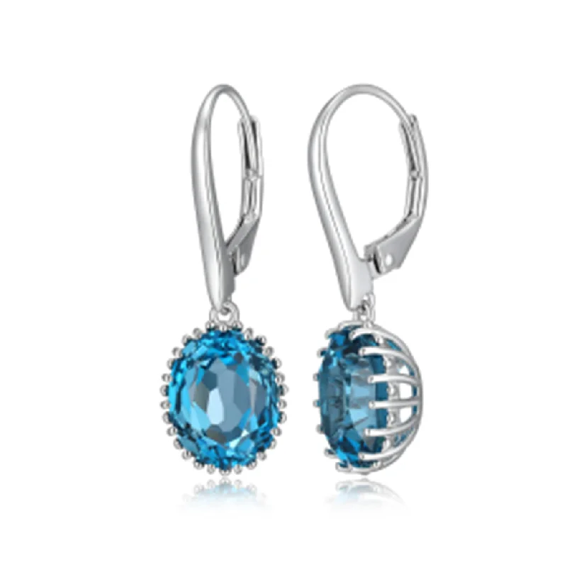 Ladies chandelier earrings-Sterling Silver Oval London Blue Topaz Drop Earrings by Samuel B.