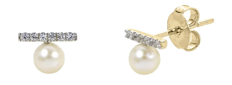 Ladies diamond halo earrings-14K Yellow Gold 4-4.5mm Freshwater Pearl & Diamond Bar Stud Earrings