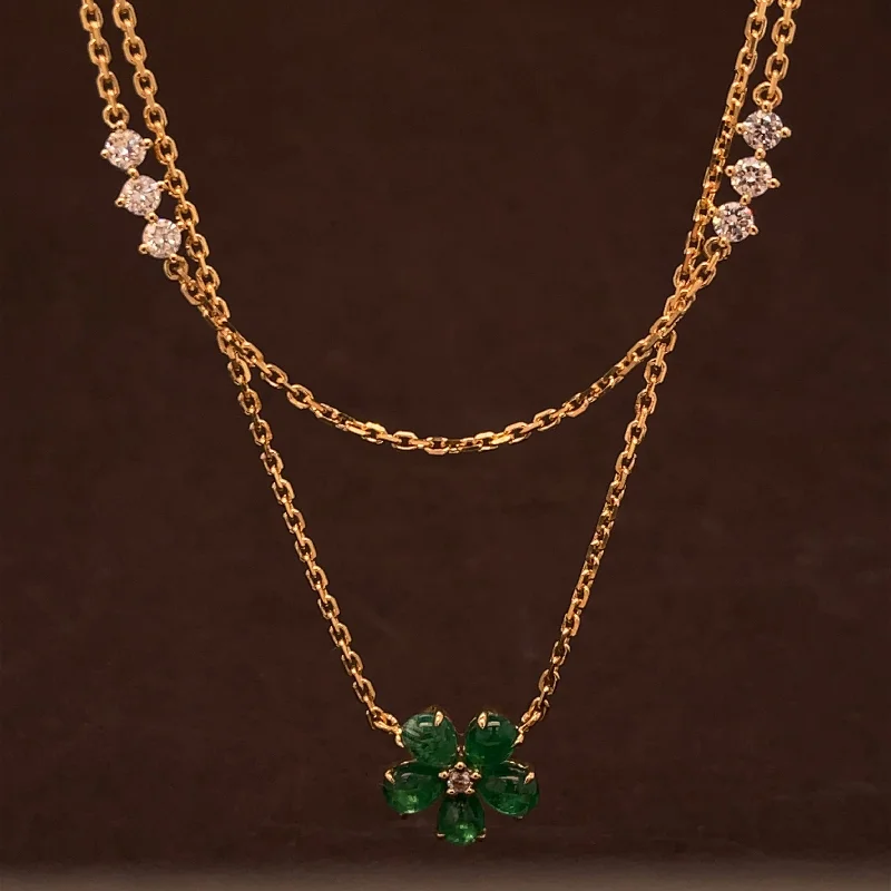 Ladies double-layer necklaces-Emerald Flower & Diamond 3-Stone Double-Layer Necklace in 18k Yellow Gold - #481 - NLEME009168