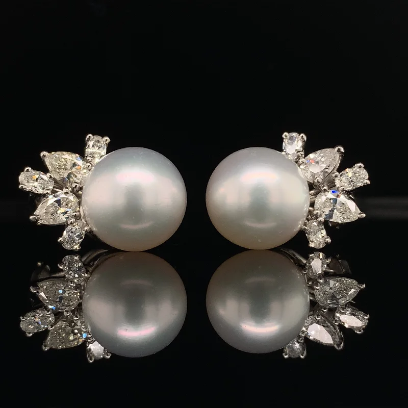 Ladies birthstone stud earrings-Cultured South Sea Pearl and Diamond Earrings in Platinum