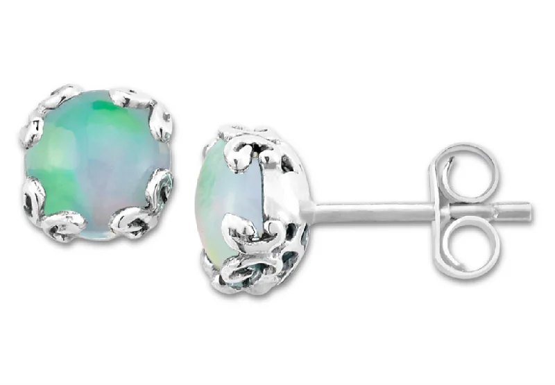 Ladies small hoop earrings-Sterling Silver Round Opal Stud Earrings by Samuel B.